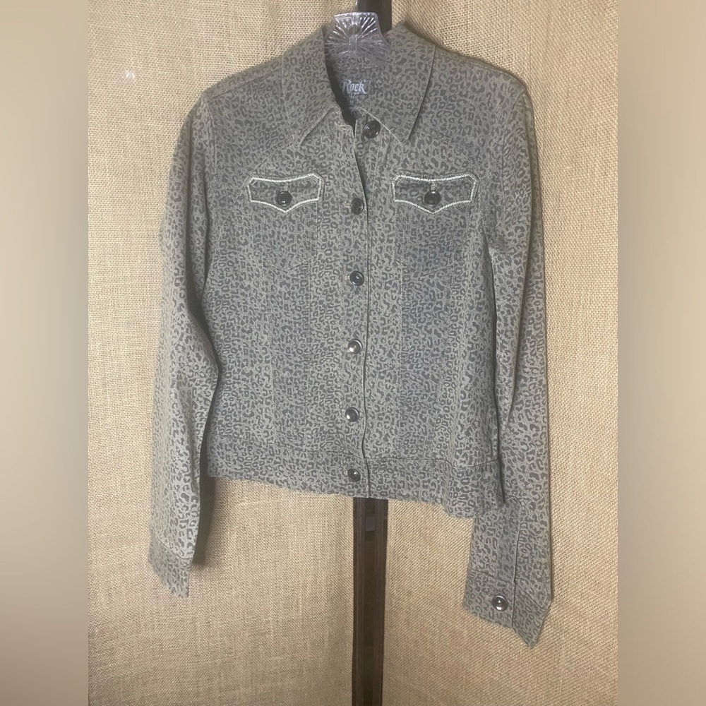 Rock 47 grey leopard print denim jacket with smokey glass buttons size medium.
